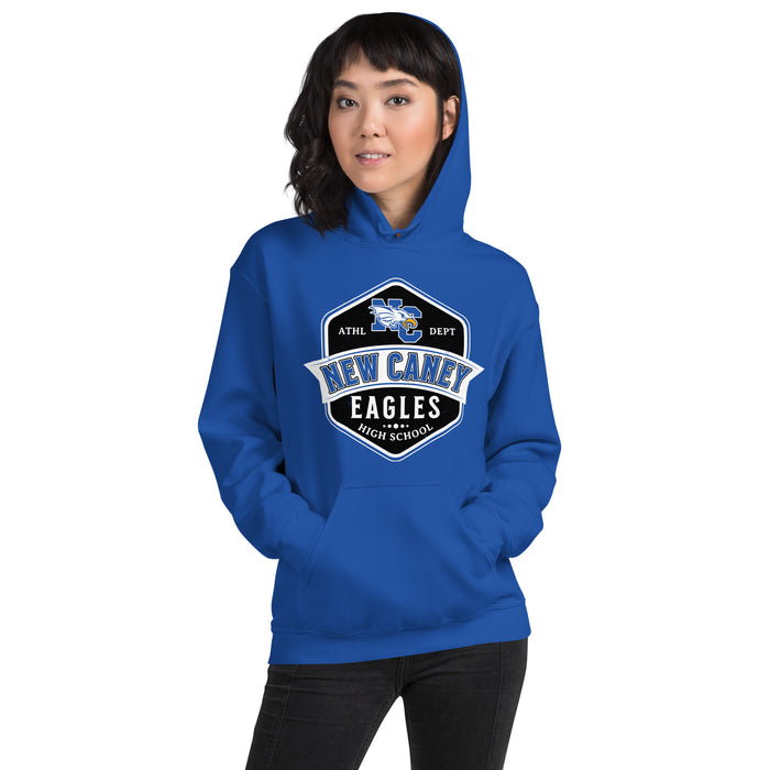 Woman wearing New Caney High School Eagles Royal Blue Classic Unisex Hoodie 209