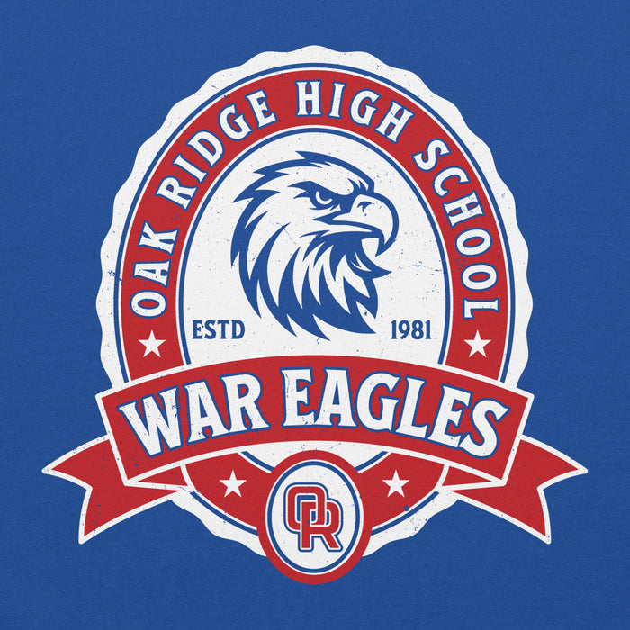 Close-up view of Oak Ridge High School War Eagles Royal Blue Classic Unisex Hoodie 212