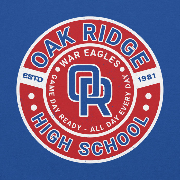 Close-up view of Oak Ridge High School War Eagles Royal Blue Classic Unisex Hoodie 239