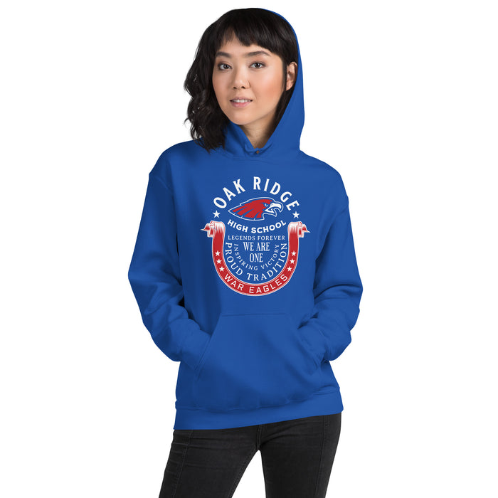 Woman wearing Oak Ridge High School War Eagles Royal Blue Classic Unisex Hoodie 229