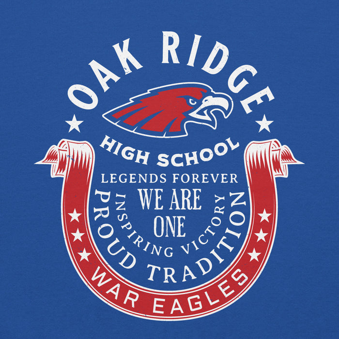 Close-up view of Oak Ridge High School War Eagles Royal Blue Classic Unisex Hoodie 229