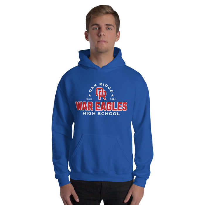 Man wearing Oak Ridge High School War Eagles Royal Blue Classic Unisex Hoodie 222