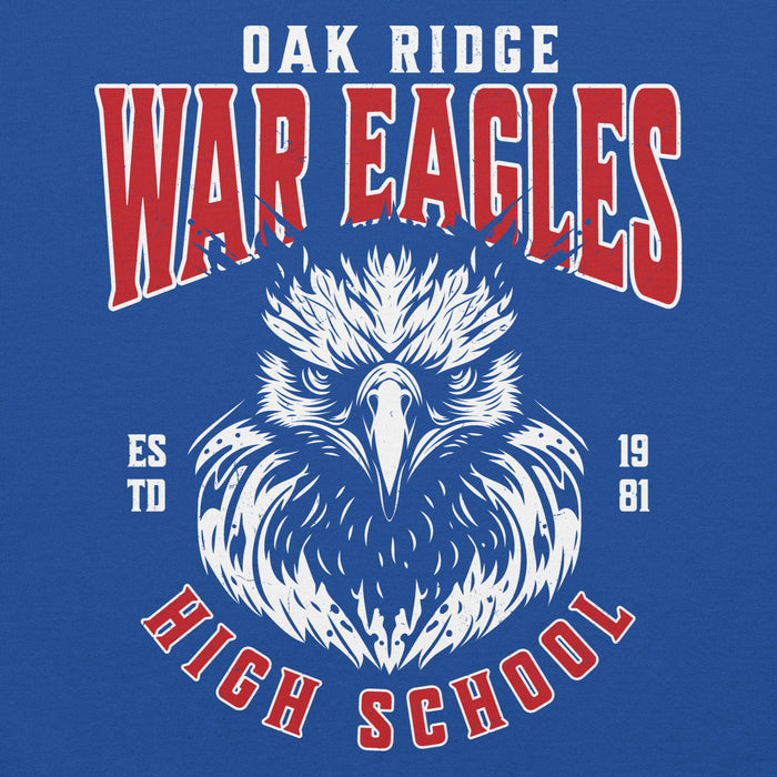 Close-up view of Oak Ridge High School War Eagles Royal Blue Classic Unisex Hoodie 213