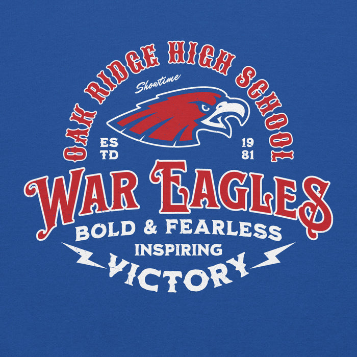 Close-up view of Oak Ridge High School War Eagles Royal Blue Classic Unisex Hoodie 206