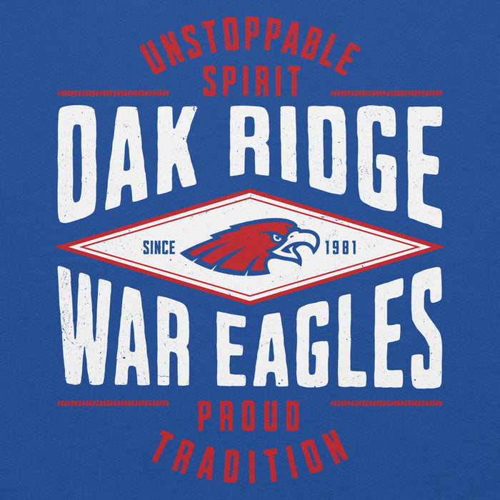 Close-up view of Oak Ridge High School War Eagles Royal Blue Classic Unisex Hoodie 210