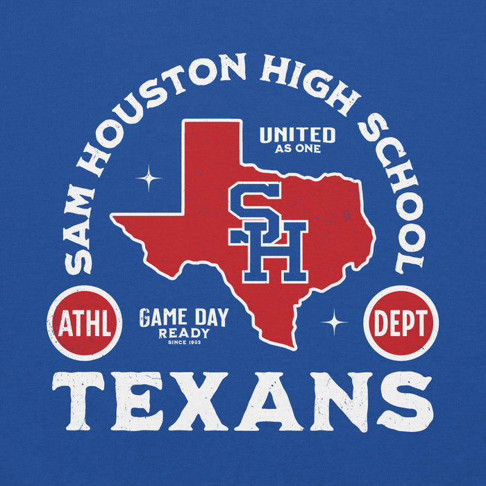 Close-up view of Sam Houston High School Texans Royal Blue Classic Unisex Hoodie 208