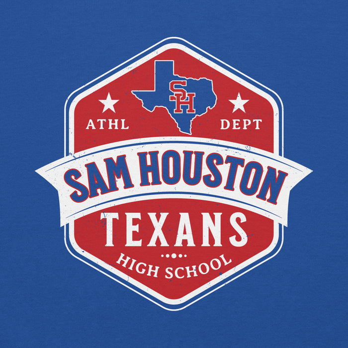 Close-up view of Sam Houston High School Texans Royal Blue Classic Unisex Hoodie 209