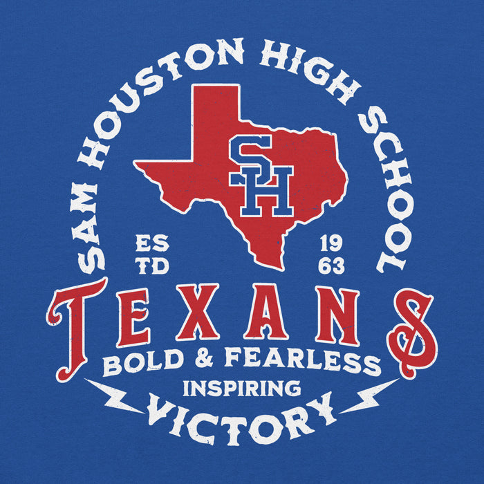 Close-up view of Sam Houston High School Texans Royal Blue Classic Unisex Hoodie 206