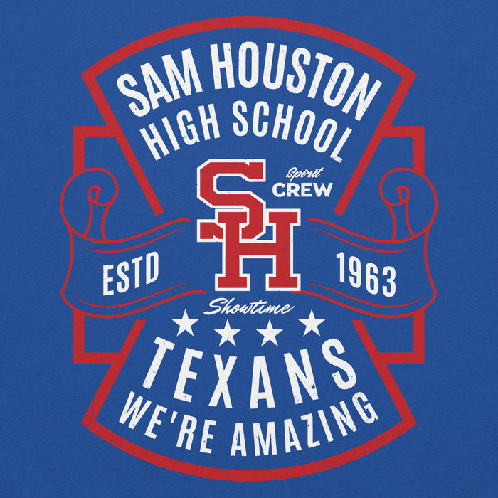Close-up view of Sam Houston High School Texans Royal Blue Classic Unisex Hoodie 207