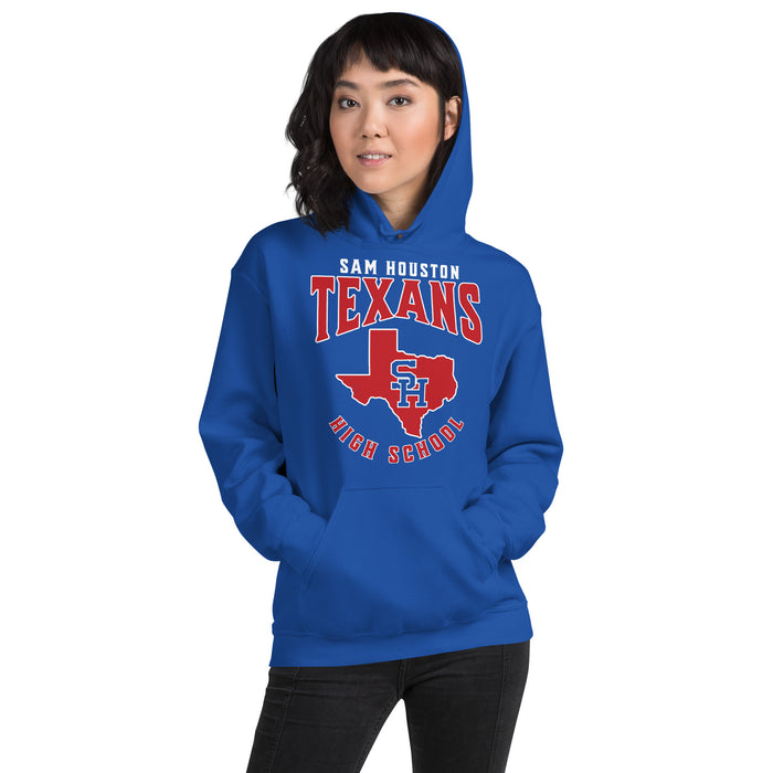 Woman wearing Sam Houston High School Texans Royal Blue Classic Unisex Hoodie 213