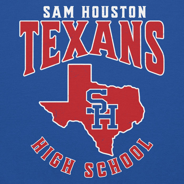 Close-up view of Sam Houston High School Texans Royal Blue Classic Unisex Hoodie 213