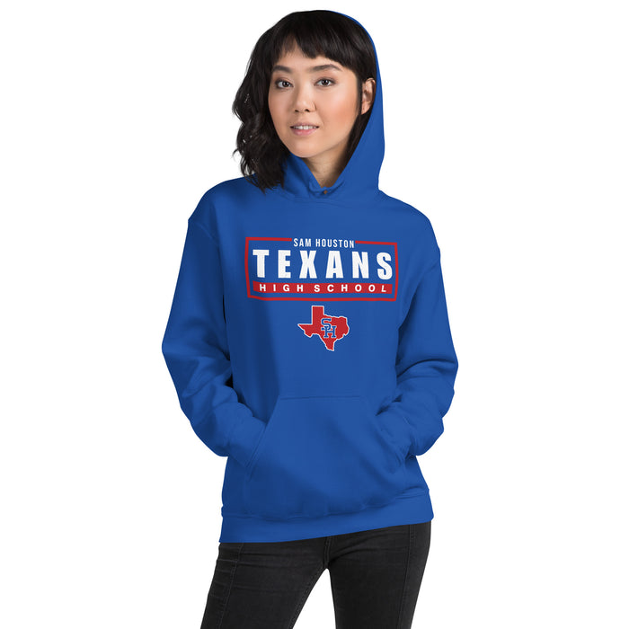 Woman wearing Sam Houston High School Texans Royal Blue Classic Unisex Hoodie 049