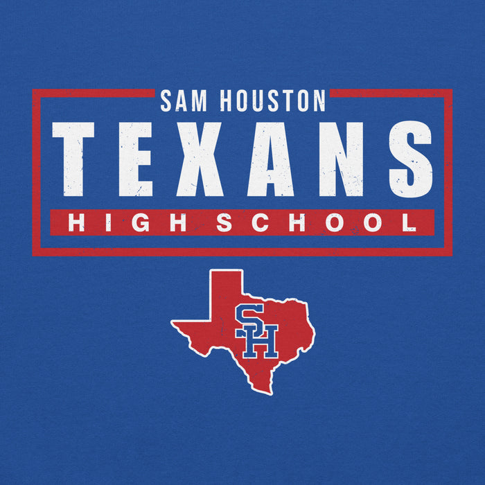 Close-up view of Sam Houston High School Texans Royal Blue Classic Unisex Hoodie 049