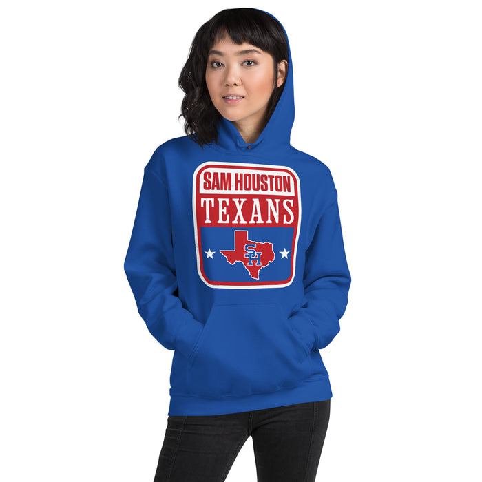 Woman wearing Sam Houston High School Texans Royal Blue Classic Unisex Hoodie 001