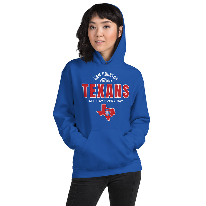 Woman wearing Sam Houston High School Texans Royal Blue Classic Unisex Hoodie 040