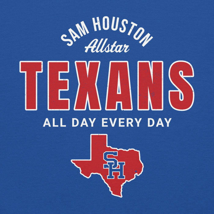 Close-up view of Sam Houston High School Texans Royal Blue Classic Unisex Hoodie 040
