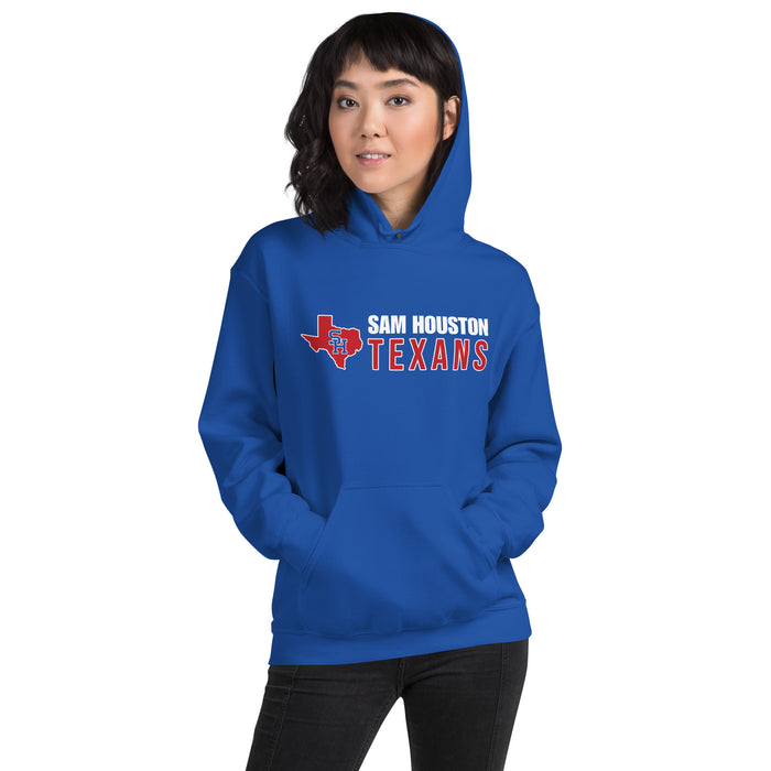 Woman wearing Sam Houston High School Texans Royal Blue Classic Unisex Hoodie 200