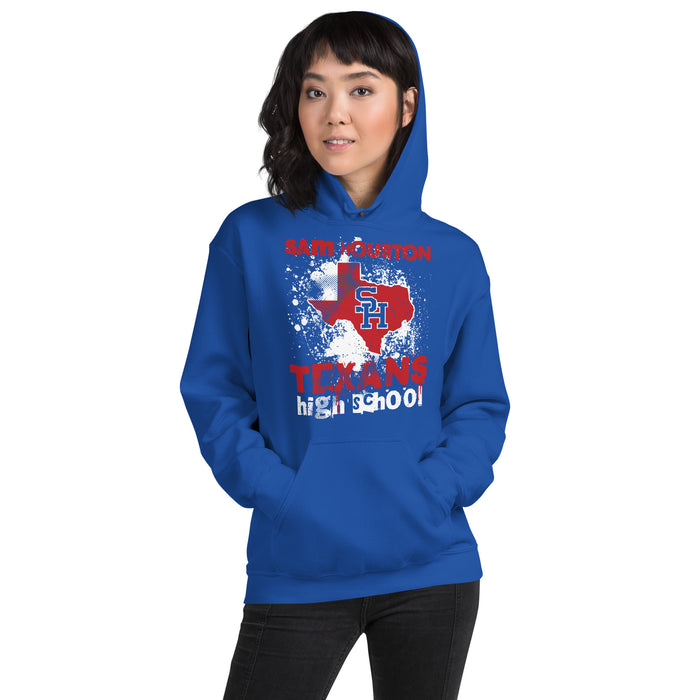 Woman wearing Sam Houston High School Texans Royal Blue Classic Unisex Hoodie 205