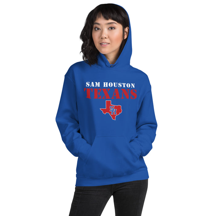 Woman wearing Sam Houston High School Texans Royal Blue Classic Unisex Hoodie 017