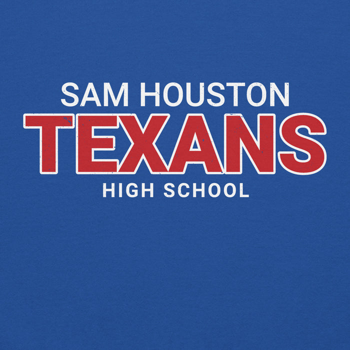 Close-up view of Sam Houston High School Texans Royal Blue Classic Unisex Hoodie 002