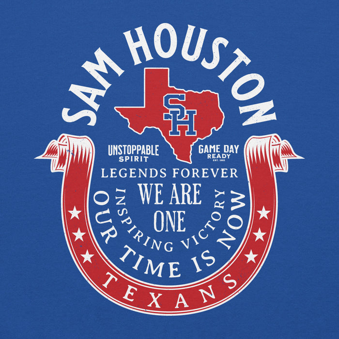 Close-up view of Sam Houston High School Texans Royal Blue Classic Unisex Hoodie 229