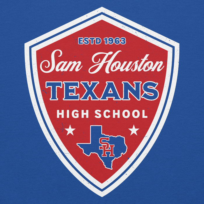 Close-up view of Sam Houston High School Texans Royal Blue Classic Unisex Hoodie 225