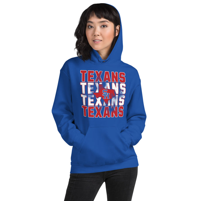 Woman wearing Sam Houston High School Texans Royal Blue Classic Unisex Hoodie 233