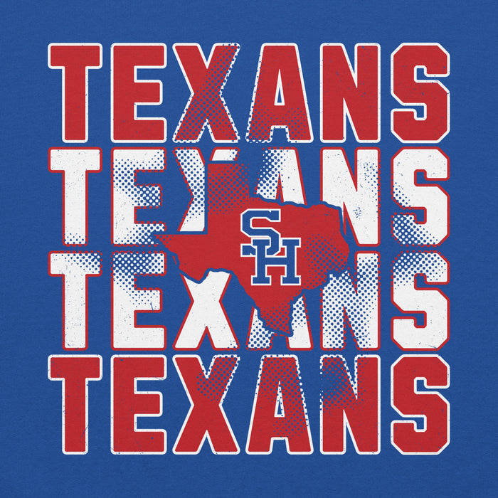 Close-up view of Sam Houston High School Texans Royal Blue Classic Unisex Hoodie 233