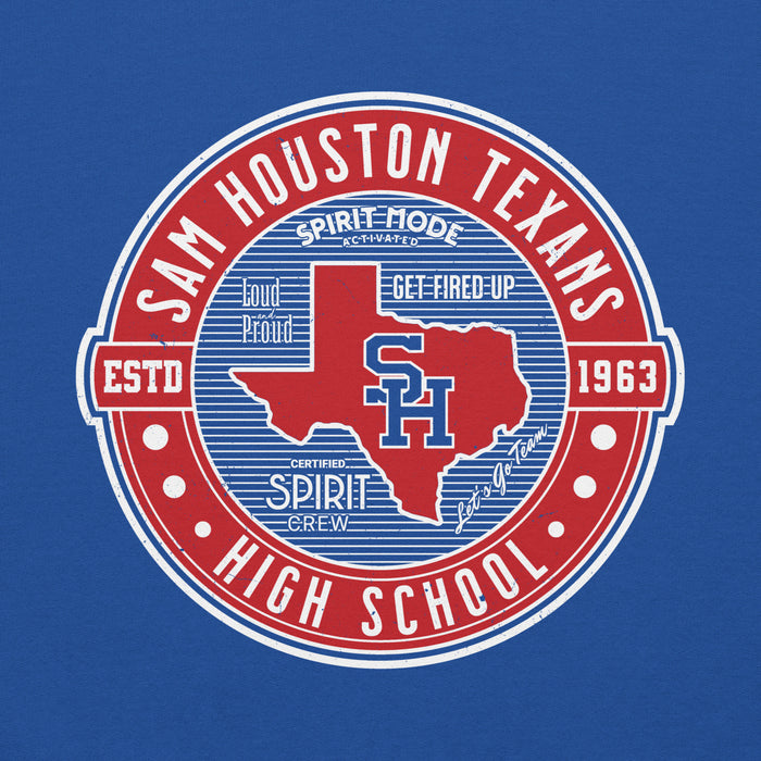 Close-up view of Sam Houston High School Texans Royal Blue Classic Unisex Hoodie 224
