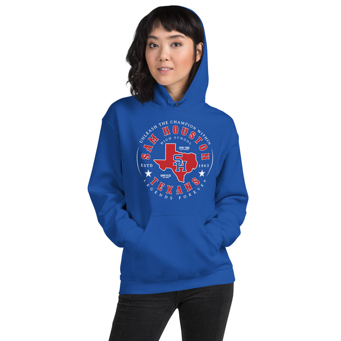 Woman wearing Sam Houston High School Texans Royal Blue Classic Unisex Hoodie 214