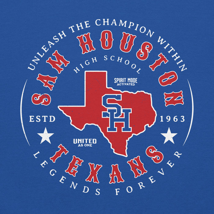 Close-up view of Sam Houston High School Texans Royal Blue Classic Unisex Hoodie 214