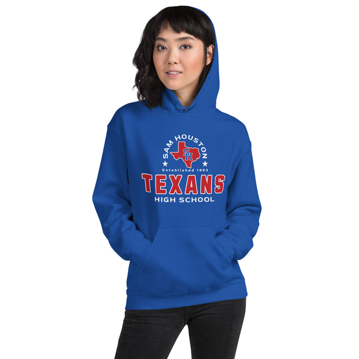 Woman wearing Sam Houston High School Texans Royal Blue Classic Unisex Hoodie 222