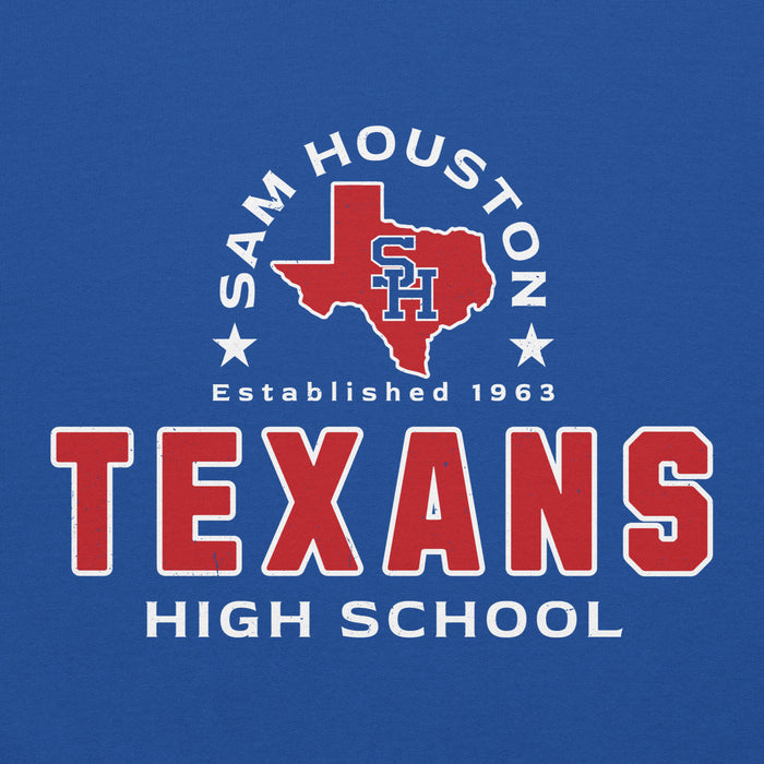 Close-up view of Sam Houston High School Texans Royal Blue Classic Unisex Hoodie 222