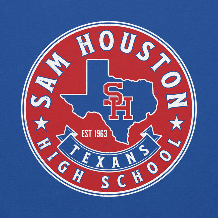 Close-up view of Sam Houston High School Texans Royal Blue Classic Unisex Hoodie 215