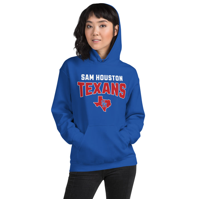 Woman wearing Sam Houston High School Texans Royal Blue Classic Unisex Hoodie 234
