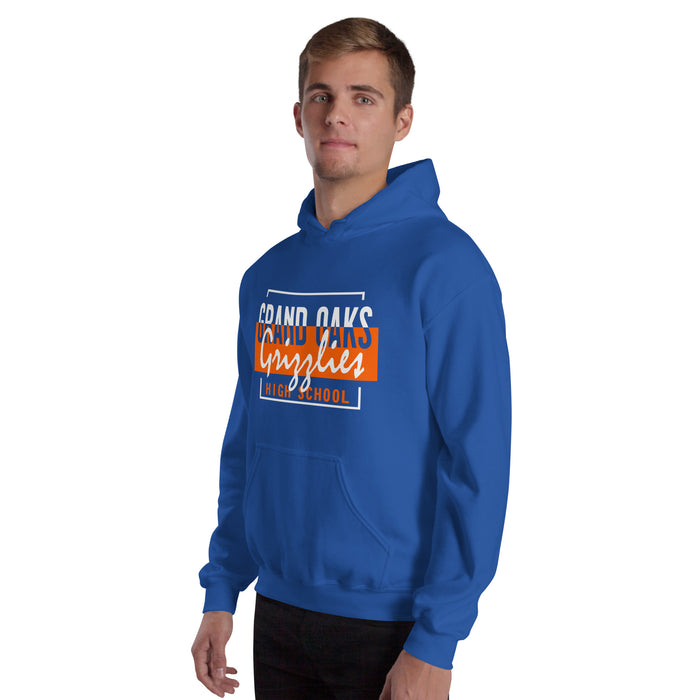 Man wearing a Grand Oaks High School Grizzlies Royal Classic Unisex Hoodie 05