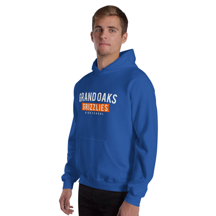 Man wearing a Grand Oaks High School Grizzlies Royal Classic Unisex Hoodie 21