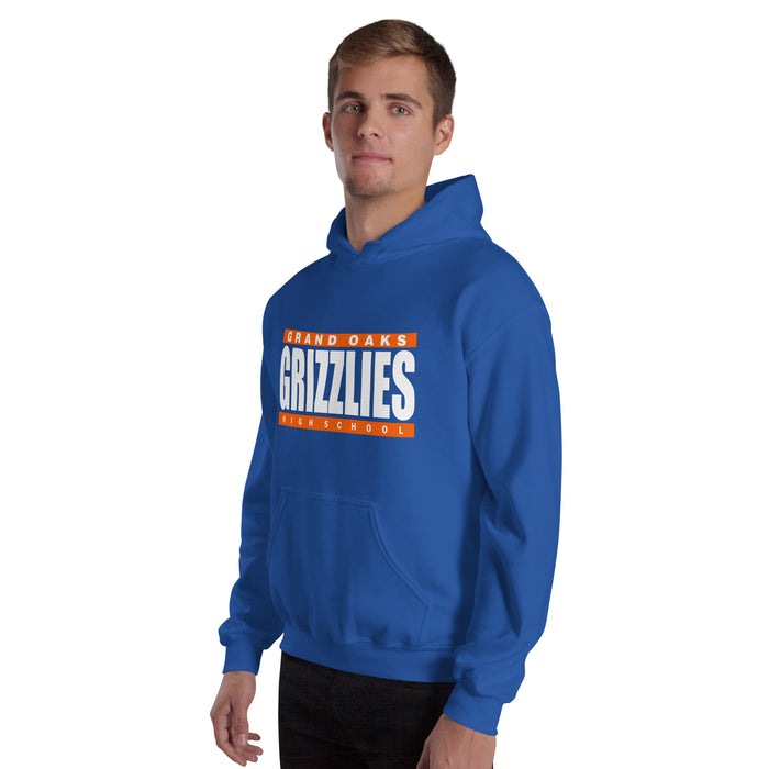 Man wearing a Grand Oaks High School Grizzlies Royal Classic Unisex Hoodie 98