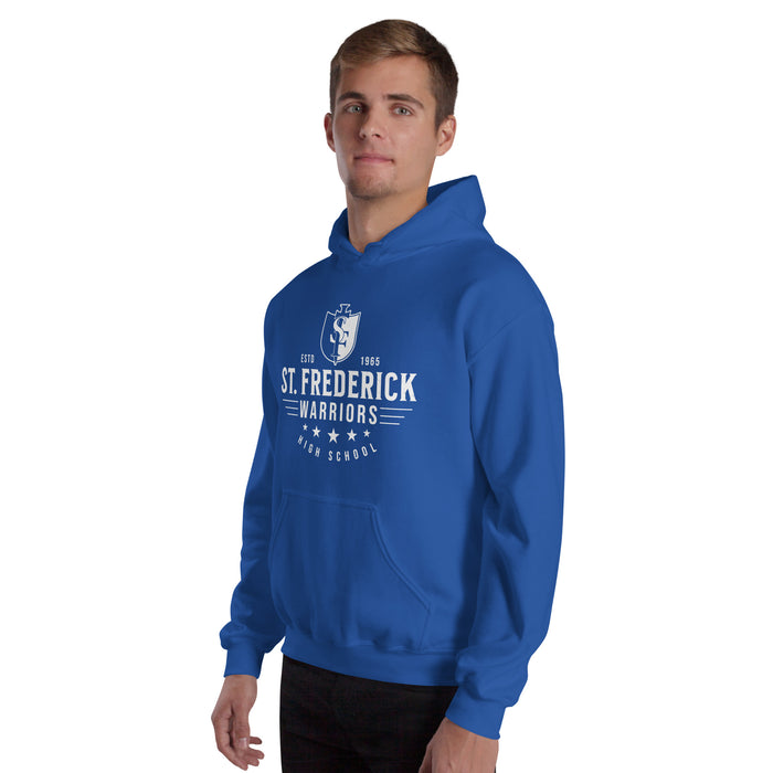 Man wearing St. Frederick High School Warriors Royal Blue Classic Unisex Hoodie 217