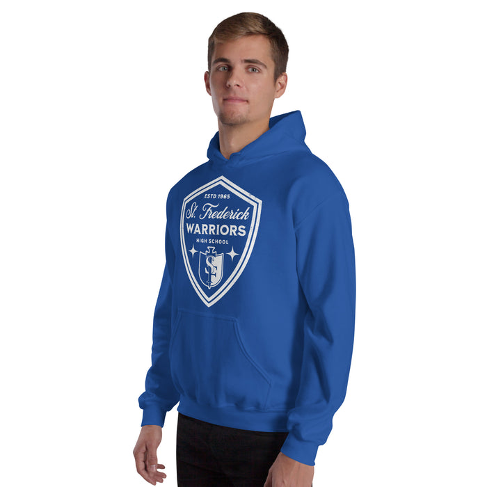 Man wearing St. Frederick High School Warriors Royal Blue Classic Unisex Hoodie 225