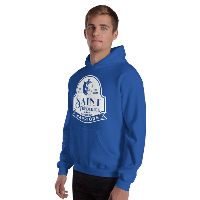 Man wearing St. Frederick High School Warriors Royal Blue Classic Unisex Hoodie 219