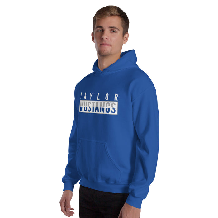 Man wearing Taylor High School Mustangs Royal Blue Classic Unisex Hoodie 031