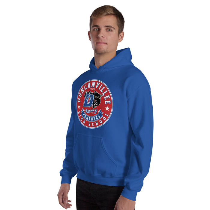 Man wearing Duncanville High School Panthers Royal Blue Classic Unisex Hoodie 215