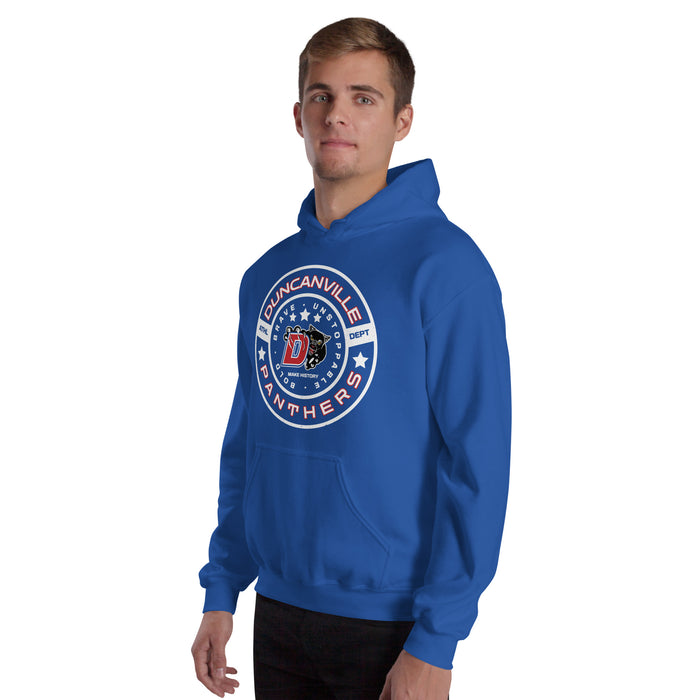 Man wearing Duncanville High School Panthers Royal Blue Classic Unisex Hoodie 239