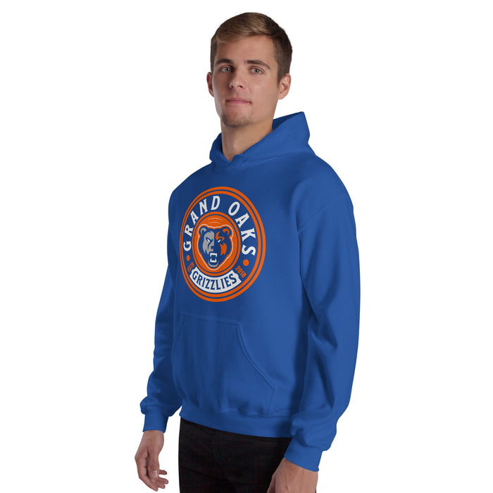 Man wearing Grand Oaks High School Grizzlies Royal Blue Classic Unisex Hoodie 220