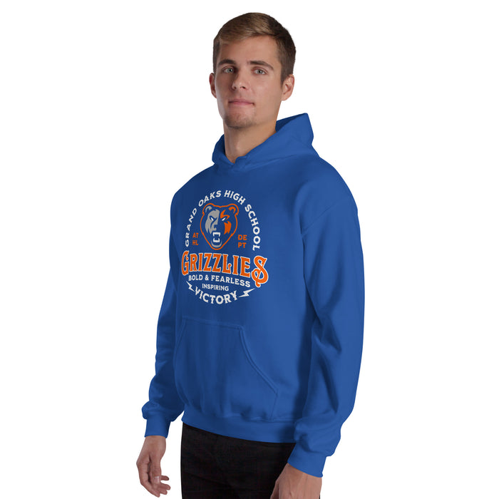 Man wearing Grand Oaks High School Grizzlies Royal Blue Classic Unisex Hoodie 206