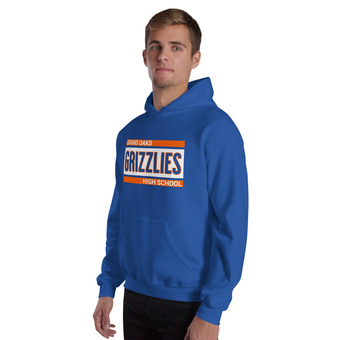 Man wearing Grand Oaks High School Grizzlies Royal Blue Classic Unisex Hoodie 098