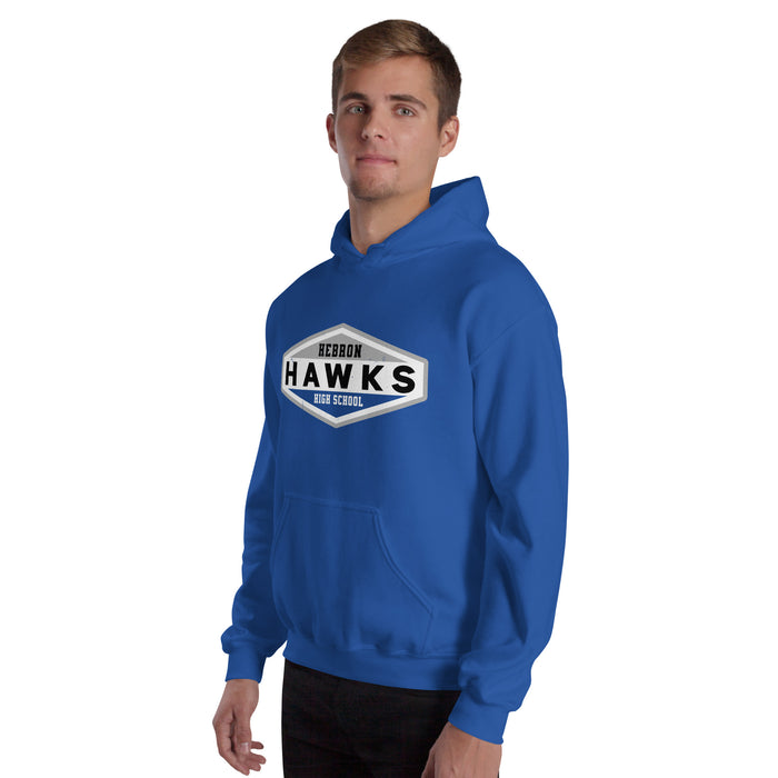 Man wearing Hebron High School Hawks Royal Blue Classic Unisex Hoodie 009