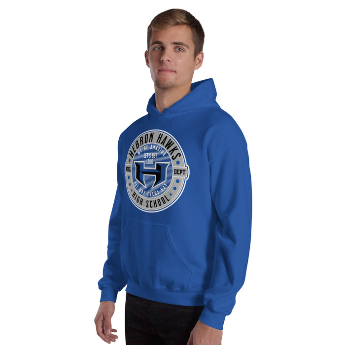 Man wearing Hebron High School Hawks Royal Blue Classic Unisex Hoodie 224