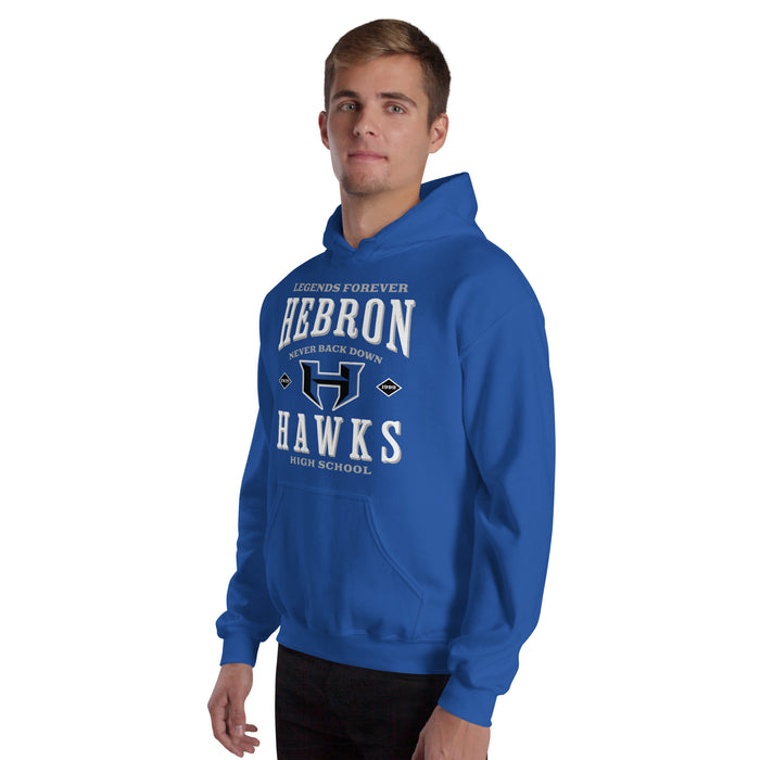 Man wearing Hebron High School Hawks Royal Blue Classic Unisex Hoodie 230